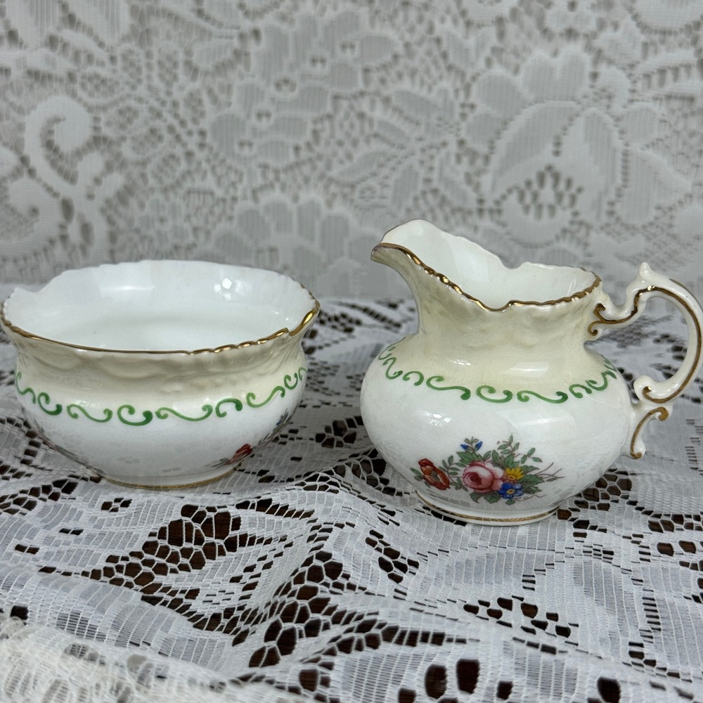 Aynsley England Bone China Creamer and Sugar Bowl Set Floral Gold Rim D953